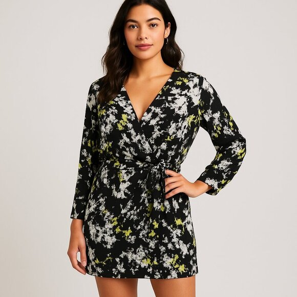 Alice + Olivia Long Sleeve Wrap Mini Dress Black White Print Size 10 - Picture 1 of 7